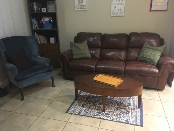 living room with donated furniture