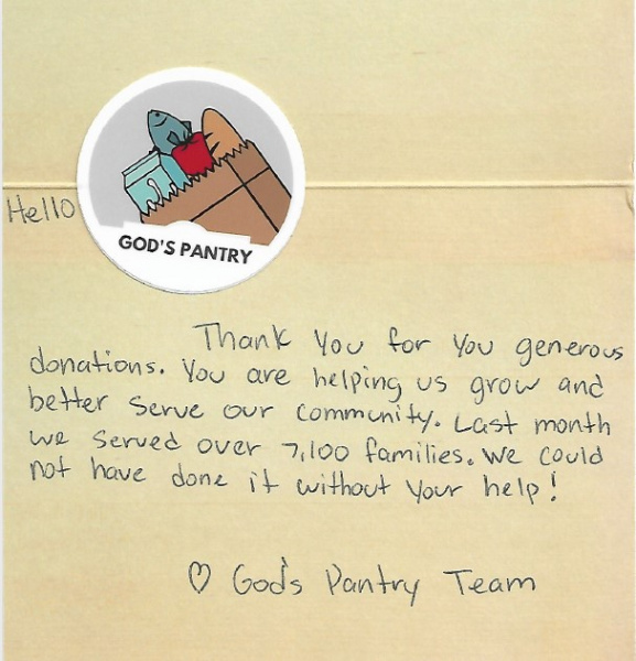 Thank you note from God's pantry to Totten Tubes